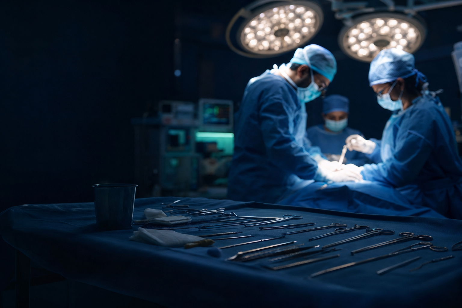 Surgical team operating under theatre lights